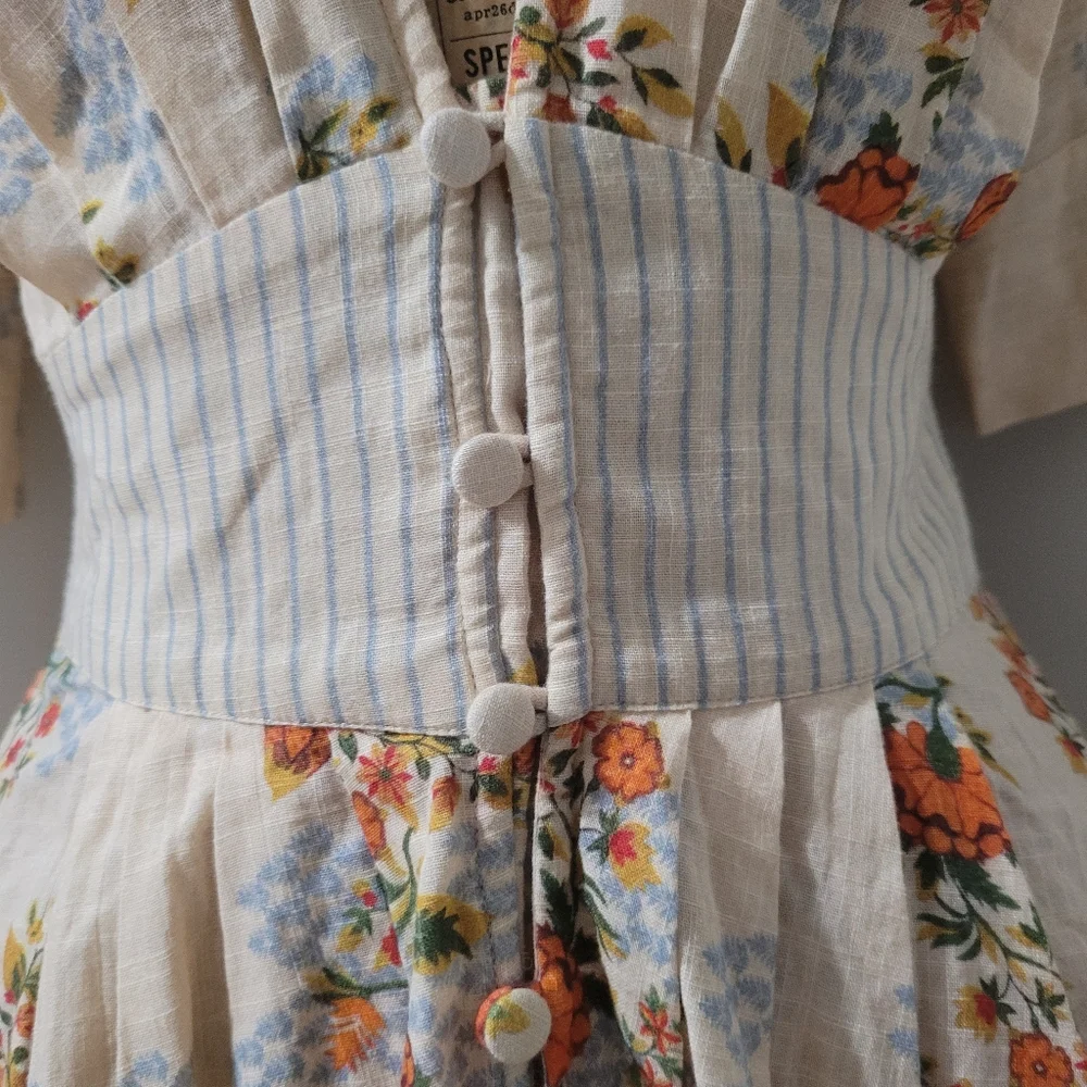 Agua Bendita Menta Sunbaze by Antropologie Floral Beige Mini Dress Pleated - Picture 2 of 10